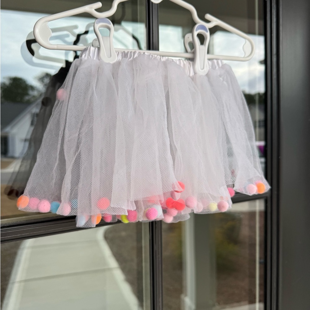 White Tulle Skirt with Colorful Pom Poms